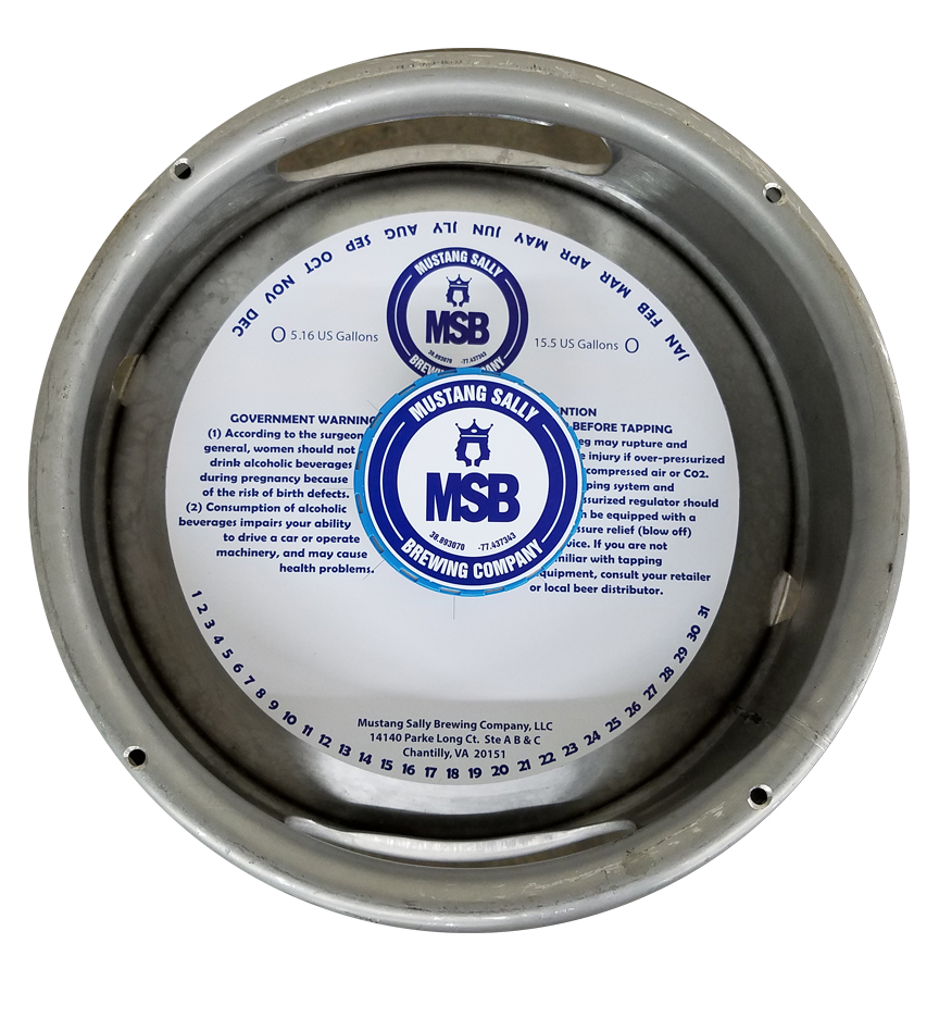 1 color custom keg collar printed with adhesive placed on a sixth barrel keg with keg cap sticker