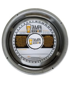 custom printed 2 color keg collar sample for Tampa Beer Works and placed on a sixth barrel keg