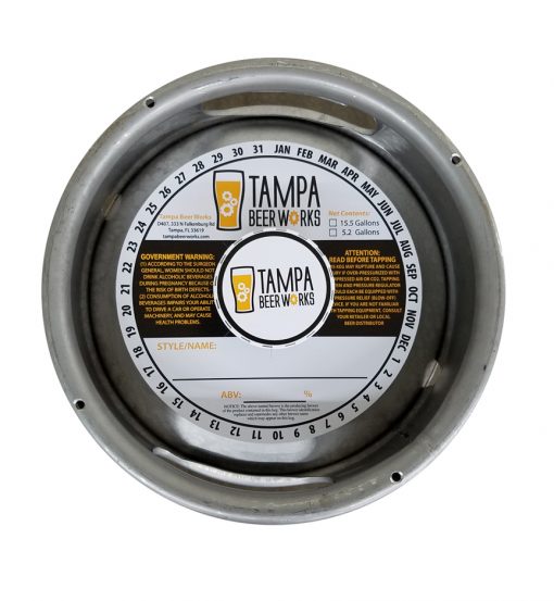 custom printed 2 color keg collar sample for Tampa Beer Works and placed on a sixth barrel keg