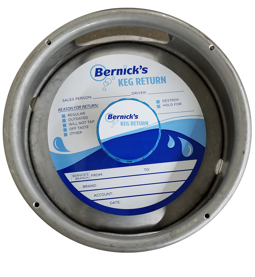 Custom printed 2 color keg collar on waterproof stock for Bernicks keg return on a sixth barrel keg