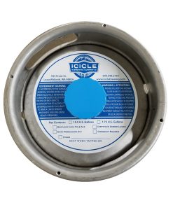 custom printed 1 color waterproof keg collar sample for Icicle Brewing placed on a sixth barrel keg