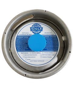 custom printed 1 color waterproof keg collar sample for Icicle Brewing placed on a sixth barrel keg