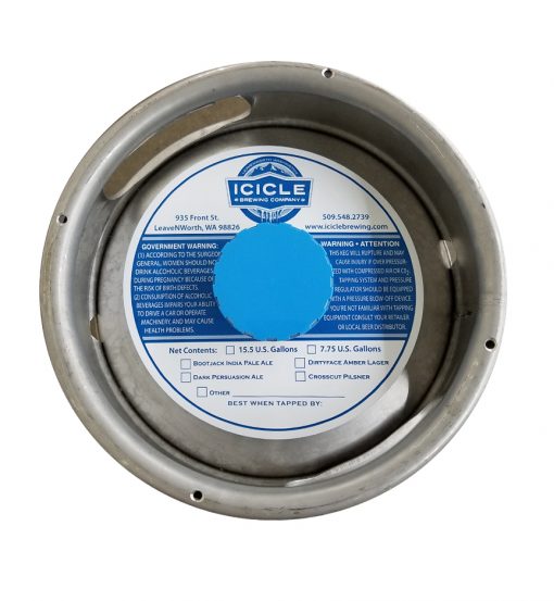 custom printed 1 color waterproof keg collar sample for Icicle Brewing placed on a sixth barrel keg