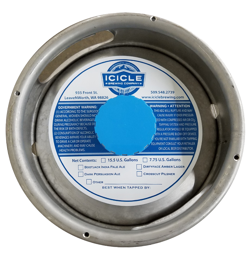 Icicle Brewing Company 1 color keg collar on waterproof tag stock placed on a sixth barrel keg