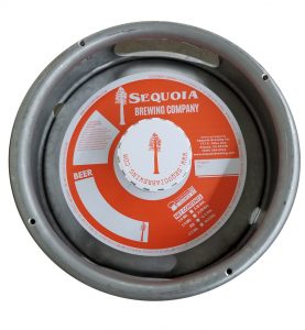 custom printed 1 color keg collar for Sequoia Brewing placed on a sixth barrel keg