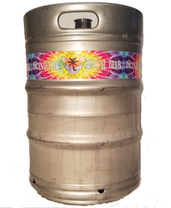 4 color custom printed keg wrap installed on a 1/2 barrel keg