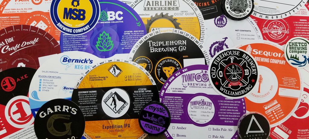 Keg Collars, keg caps and promotional stickers collage