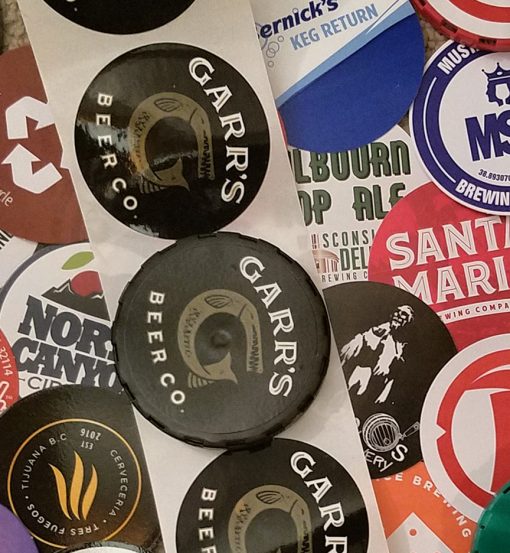 various custom printed keg cap stickers in a collage
