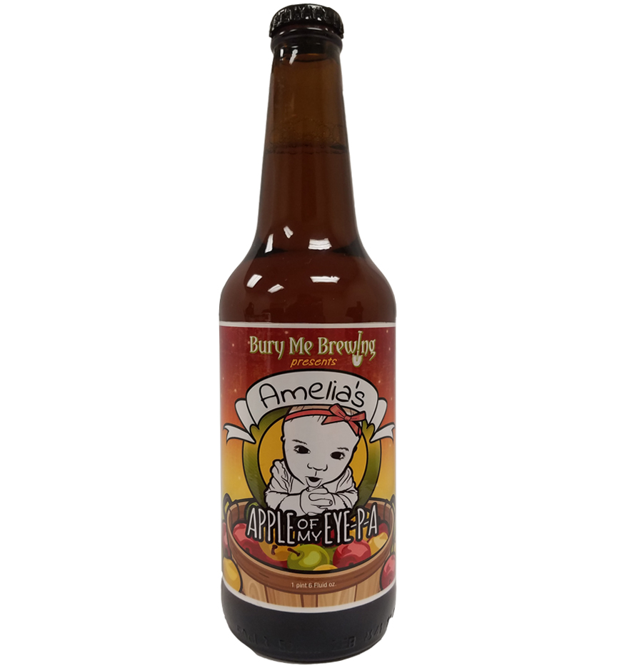 Apple of my Eye 4 color bottle label placed on 20 oz. bomber bottle for Bury Me Brewing