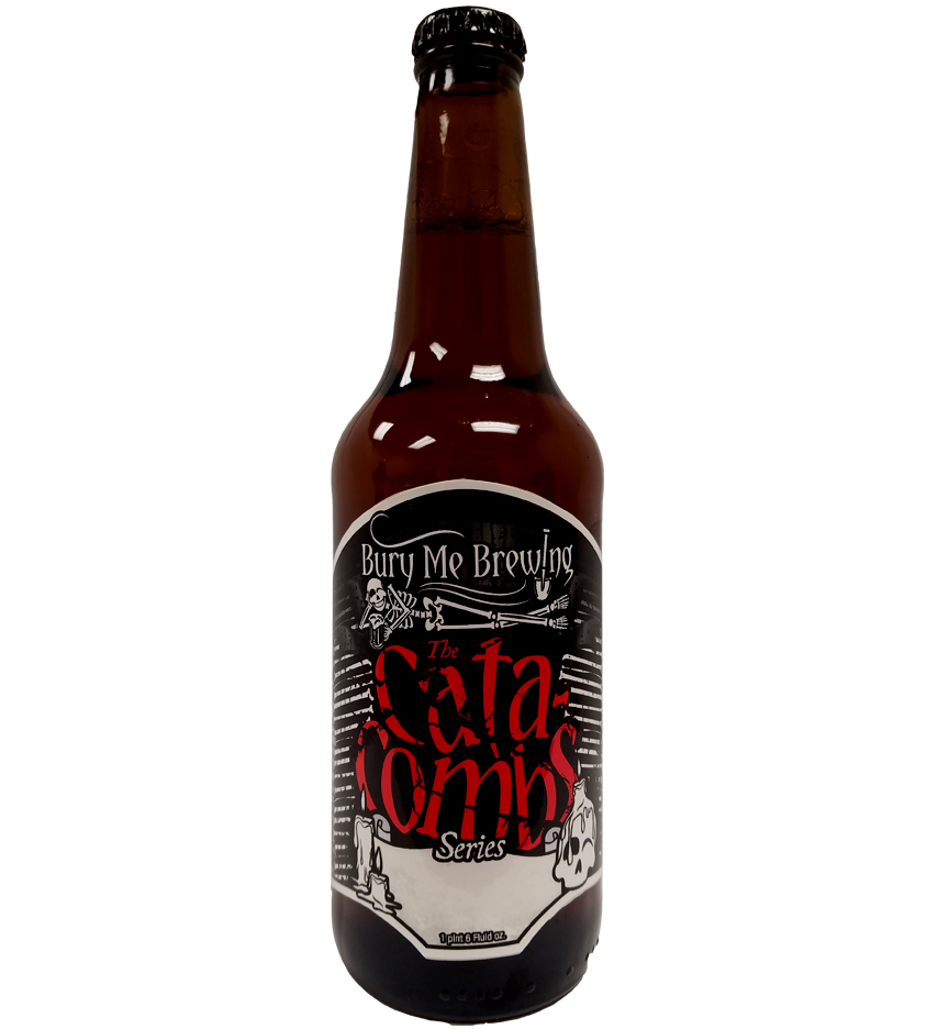 Custom shape bottle label printed for Bury Me Brewing placed on a beer bottle