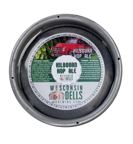 custom printed 4 color keg collar for Wisconsin Dells Brewing on tag stock with adhesive placed on sixth barrel keg