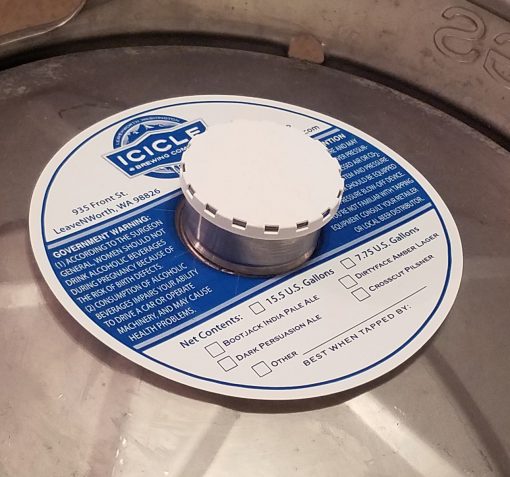 custom printed one color keg collar placed on a keg with white keg cap