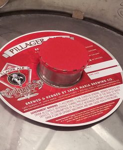 4 color digitally printed custom keg collar placed on a keg with red vented keg cap