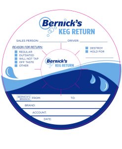 sample artwork for a 2 color custom printed keg collar printed with waterproof tag stock for Bernicks Keg Return