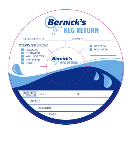 sample artwork for a 2 color custom printed keg collar printed with waterproof tag stock for Bernicks Keg Return