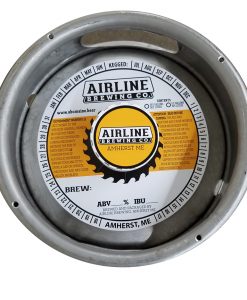 actual printed sample of a 2 color keg collar for Airline Brewing Company placed on a sixth barrel