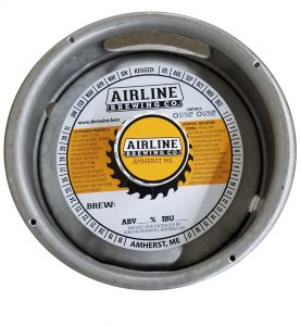 actual printed sample of a 2 color keg collar for Airline Brewing Company placed on a sixth barrel