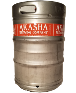 custom printed 1 color keg wrap for Akasha Brewing Company placed on 1/2 barrel keg