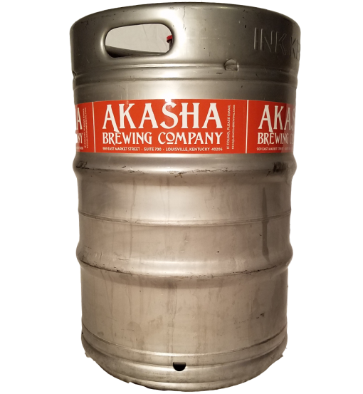 custom printed 1 color keg wrap for Akasha Brewing Company placed on 1/2 barrel keg