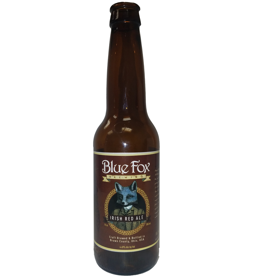 Irish Red 4 color label printed and placed on 12 oz. bottle for Blue Fox Brewing