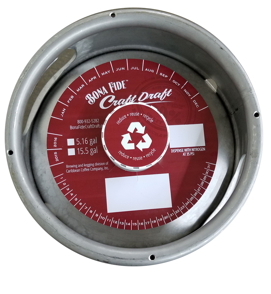 actual printed sample of a 2 color keg collar for Caribbean Coffee placed on a sixth barrel