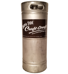 custom printed 6 inch wide keg wrap installed on a 1/6 barrel keg for BonaFide Craft Draft