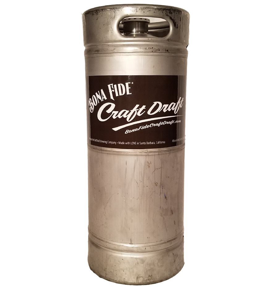 custom printed 6 inch wide keg wrap installed on a 1/6 barrel keg for BonaFide Craft Draft