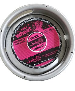 actual printed sample of a 2 color keg collar for Jackie O's placed on a sixth barrel