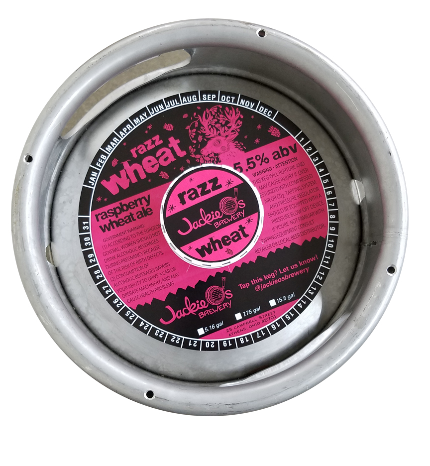 actual printed sample of a 2 color keg collar for Jackie O's placed on a sixth barrel