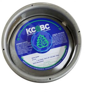 actual printed sample of a 2 color keg collar for KCBC Brewing placed on a sixth barrel