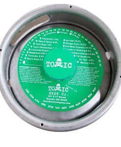 actual printed sample of a 1 color keg collar for Toxic Brewing placed on a sixth barrel