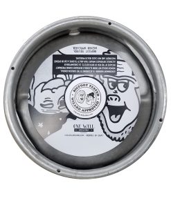 Custom printed black and white keg collar for One Well Brewing placed on a sixth barrel keg
