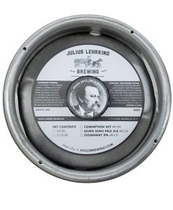 Custom printed black and white keg collar with adhesive for Julius Lehrkind Brewing placed on a sixth barrel keg