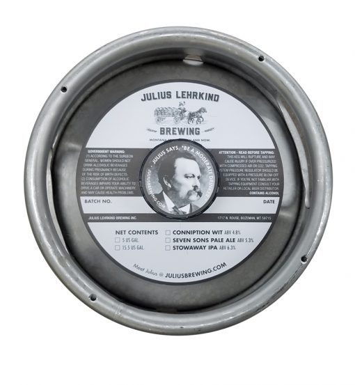 Custom printed black and white keg collar with adhesive for Julius Lehrkind Brewing placed on a sixth barrel keg