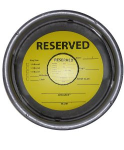 Reserved stock keg collar printed yellow and black for breweries to help orgainize inventory or for events placed on a sixth barrel keg