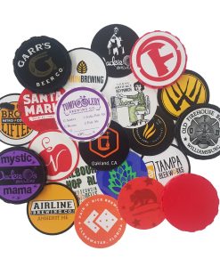 custom printed keg cap stickers arranged in a collage with keg caps