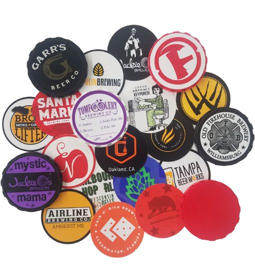 custom printed keg cap stickers arranged in a collage with keg caps