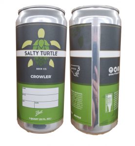 32 oz. Crowler can label applied to can showing the front and the back of the can for Salty Turtle Brewing Co.