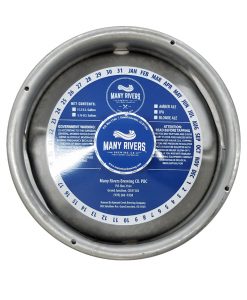 custom printed waterproof keg collar sample printed for Many Rivers Brewing Co. with glossy lamination