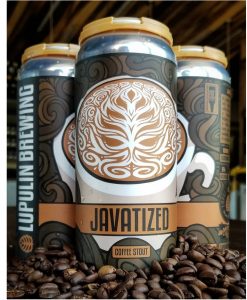 Javatized flavor 16 oz can labels installed on can surrounded by coffee beans