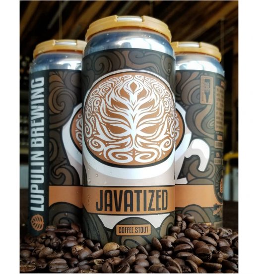 Javatized flavor 16 oz can labels installed on can surrounded by coffee beans