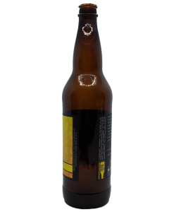 custom printed 3.625" x 8.00" bottle label placed on 22 oz. bomber bottle - view is back of the bottle