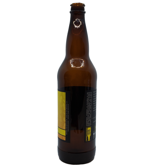 custom printed 3.625" x 8.00" bottle label placed on 22 oz. bomber bottle - view is back of the bottle
