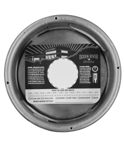 black and white custom shape rectangle keg collar placed on a sixth barrel keg