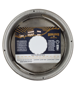 full color custom printed rectangle keg collar placed on sixth barrel keg