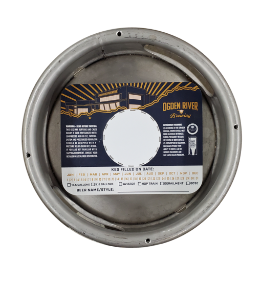 full color custom printed rectangle keg collar placed on sixth barrel keg