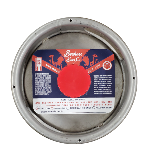 full color custom printed rectangle keg collar placed on sixth barrel keg Beckers Best Beer version