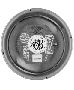 black and white custom printed 5.625" x 6.50" hexagon shape keg collar placed on sixth barrel keg