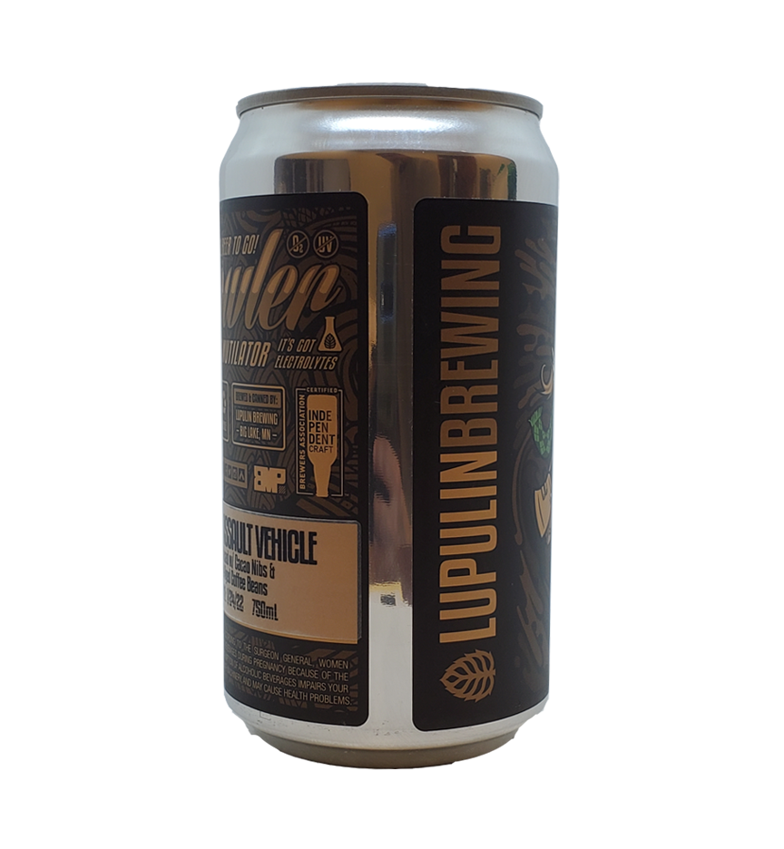 750mL crowler can with label applied to can showing size after can is labeled, back side