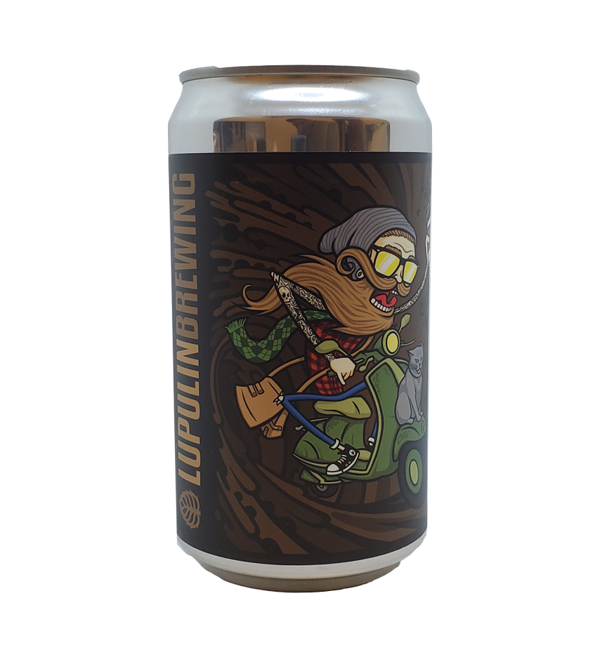 750mL crowler can with label applied to can showing size after can is labeled, front side